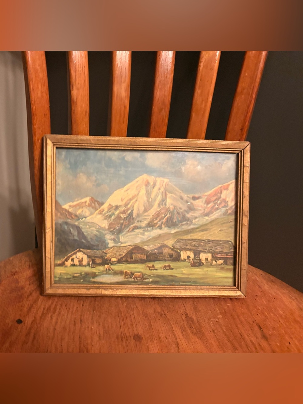 Vintage Framed Mountain Landscape Oil-Style Art Print in Wooden Frame